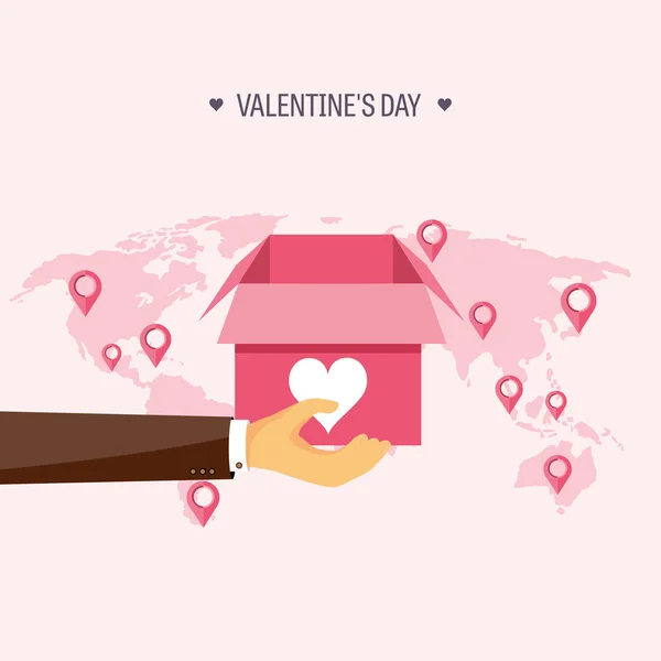 ベクトルの図。フラットの背景にボックス、手。愛の心。バレンタインの日。私のバレンタインになります。2 月 14 日。メッセージ. — ストックベクタ