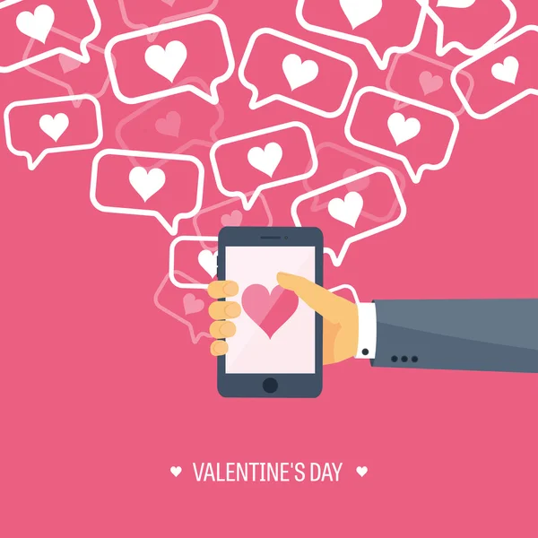 Ilustración vectorial. Fondo plano con smartphone. Amor, corazones. Día de San Valentín. Sé mi San Valentín. 14 de febrero . — Archivo Imágenes Vectoriales