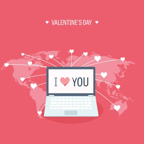 Vector illustration. Flat background with laptop. Love, hearts. Valentines day. Be my valentine. 14 february. — Stock Vector