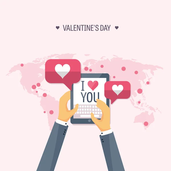 Ilustración vectorial. Fondo plano con tableta. Amor, corazones. Día de San Valentín. Sé mi San Valentín. 14 de febrero . — Archivo Imágenes Vectoriales