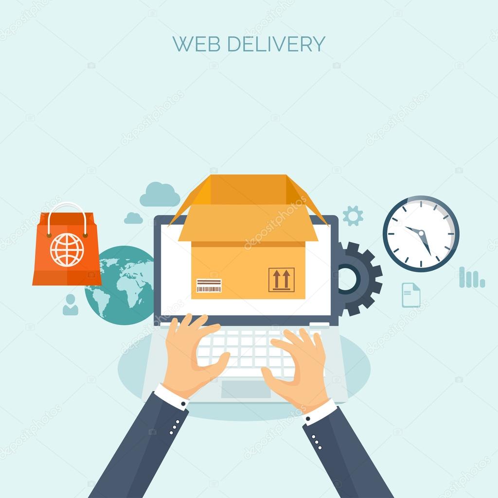 Vector illustration. Flat header. International delivery, worldwide postage. Online shopping, internet store.