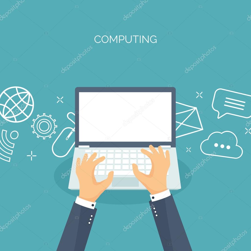 Vector illustration. Flat cloud computing background. Data storage network technology. Multimedia content, web sites hosting. Memory, information transfer.