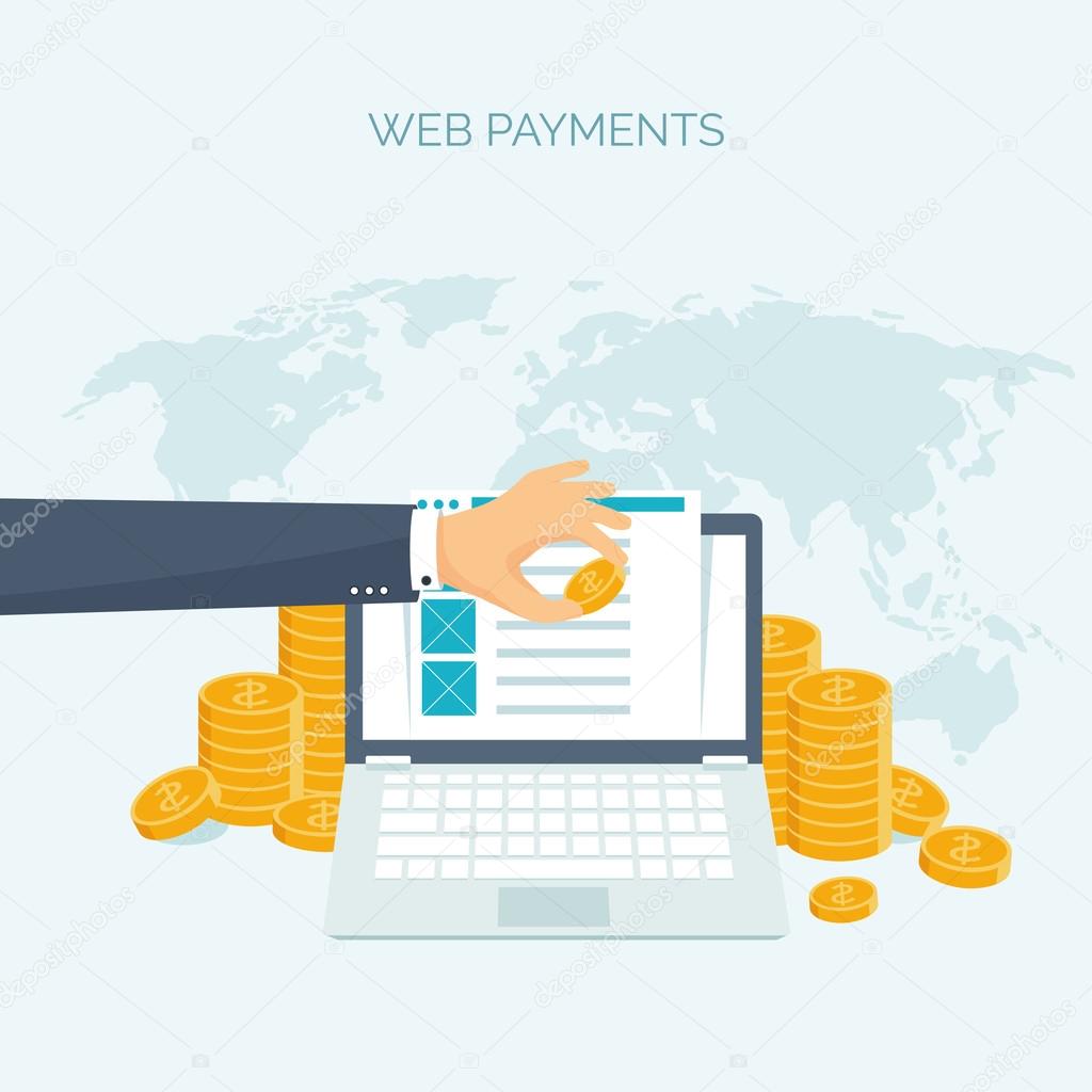 Vector illustration. Flat header. Money, money making. Web payments. World currency. Internet store, shopping. Pay per click. Business.