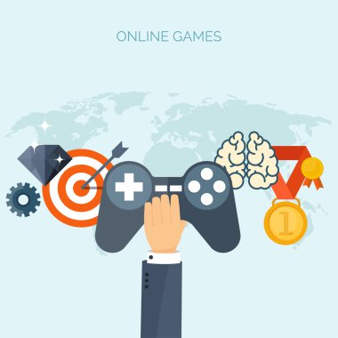 Vektör illüstrasyon. Online oyunlar. Joystick. Web sörfü. Oyuncu, oyun kolu. Eğlence. ınternet.