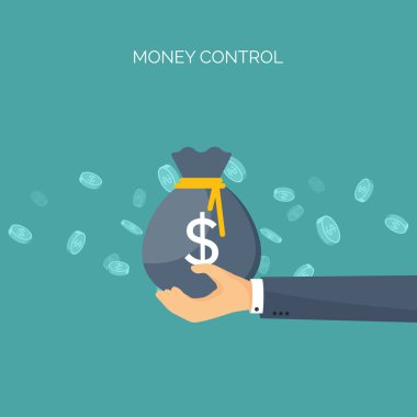 Vektör illüstrasyon. Düz arka plan, para çantası. Para kazanmak. Banka depozitosu. Finans.