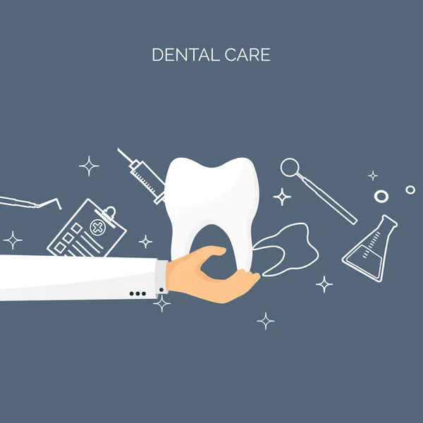 Ilustração vetorial com mão e dente. Cuidados de saúde planos e experiência em pesquisa médica. Conceito de sistema de saúde . —  Vetores de Stock