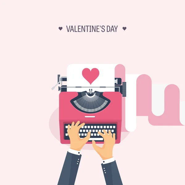 ベクトルの図。タイプライターとフラットの背景。愛の心。バレンタインの日。私のバレンタインになります。2 月 14 日. — ストックベクタ