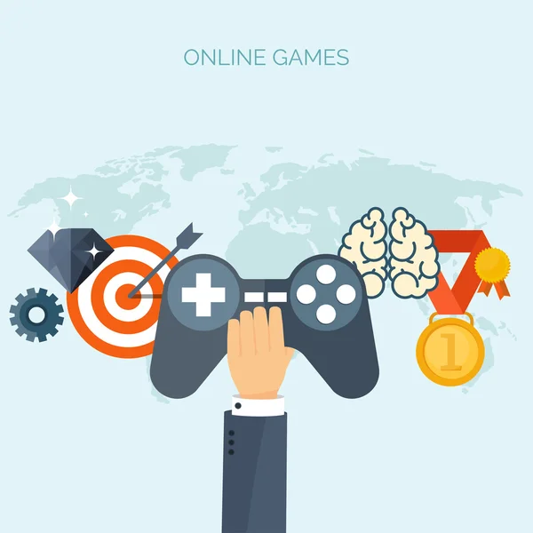 Vector illustration. Online games. Joystick. Web surfing. Player, gamepad. Entertainment. Internet. — Stock Vector