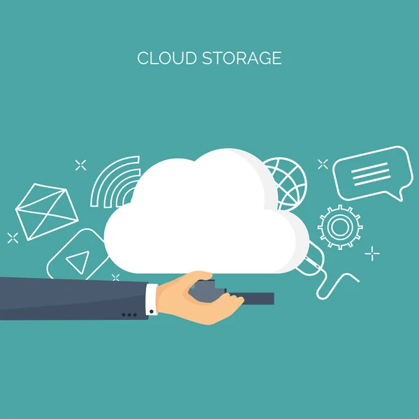 Vector illustration. Flat cloud computing background. Data storage network technology. Multimedia content, web sites hosting. Memory, information transfer. — Stockvector