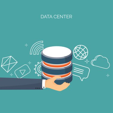 Vector illustration. Flat cloud computing background. Data storage network technology. Multimedia content, web sites hosting. Memory, information transfer.