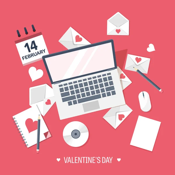 Vector illustration. Flat background with computer, laptop. Love, hearts. Valentines day. Be my valentine. 14 february.  Message. — Stock vektor