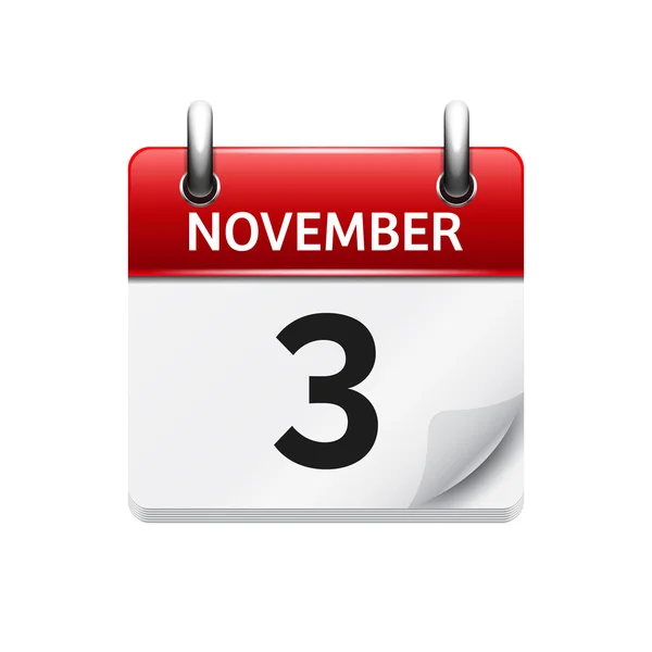 3. November Vektor flaches Kalendersymbol. Datum und Uhrzeit, Tag und Monat. Urlaub. — Stockvektor