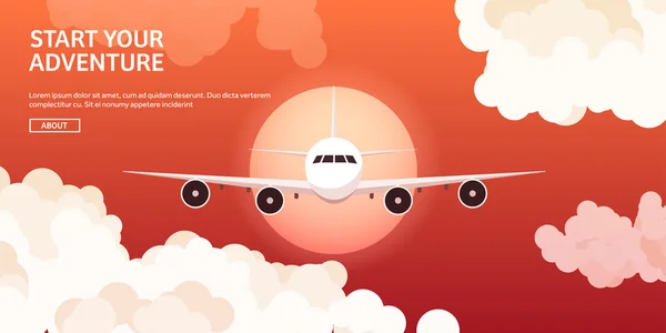 Ilustración vectorial. Viajes y turismo. Avión, aviación. Vacaciones de verano, vacaciones. Aterrizaje en avión. Vuelo, vuelo aéreo. Cielo, fondo aéreo. Viaje. . — Vector de stock