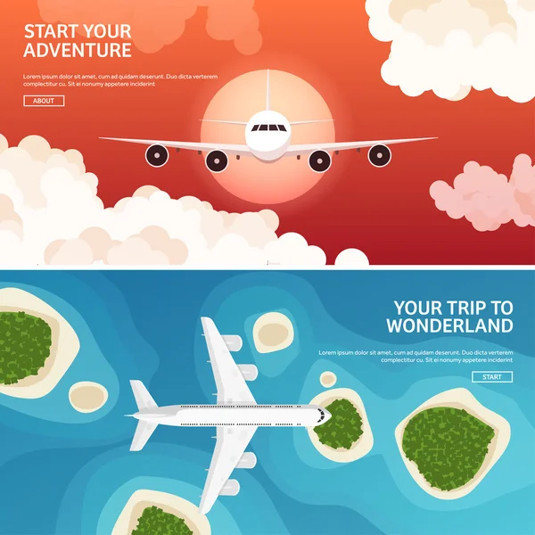 Vector illustration. Travel and tourism. Airplane, aviation. Summer holidays, vacation. Plane landing. Flight, air travelling.  Sky, aerial background. Journey. — Stock Vector