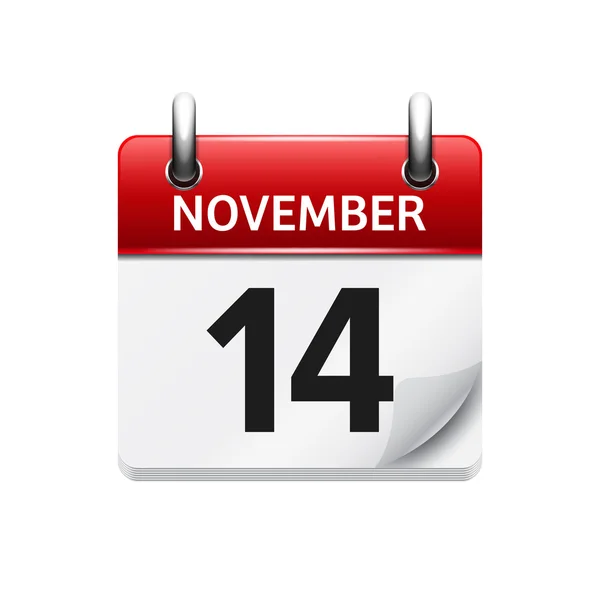 14. November Vektor flachen Tageskalender Symbol. Datum und Uhrzeit, Tag und Monat. Urlaub. — Stockvektor