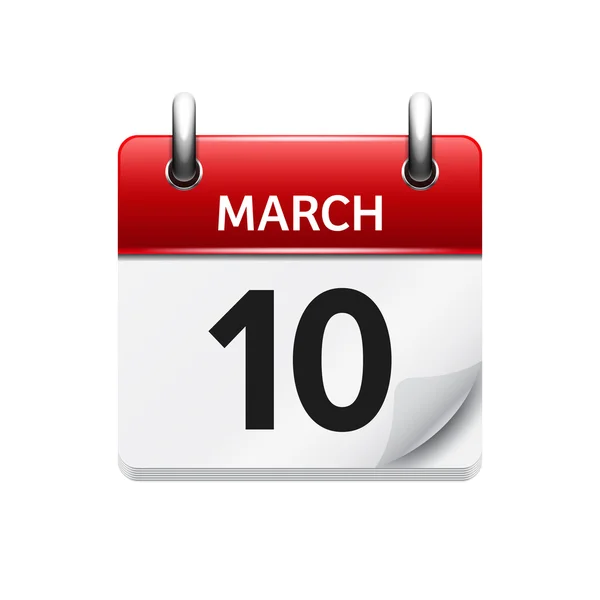 10 de Março. Vetor plana ícone do calendário diário. Data e hora, dia, mês. Férias . — Vetor de Stock