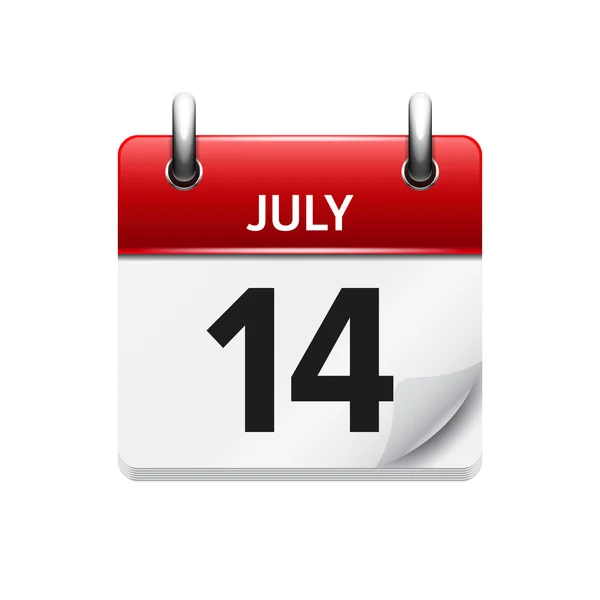 14 de julio. Vector plano icono de calendario diario. Fecha y hora, día, mes. Vacaciones . — Vector de stock