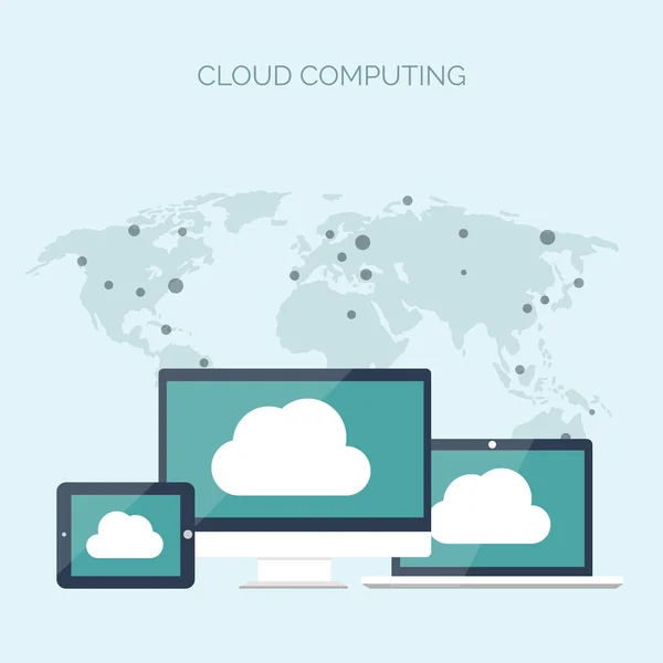 Vector illustration. Flat cloud computing background. Data storage network technology. Multimedia content, web sites hosting. Memory, information transfer. — Stock Vector