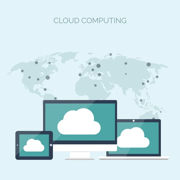 Vektorillustration. flache Cloud Computing Hintergrund. Datenspeicher-Netzwerktechnologie. Multimedia-Inhalte, Webseiten-Hosting. Erinnerung, Informationstransfer. — Stockvektor