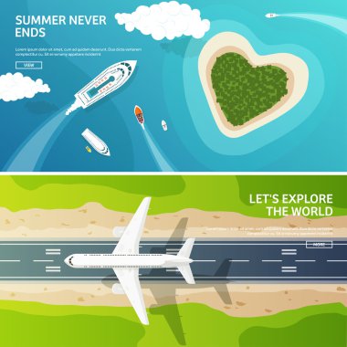 Vektör illüstrasyon. Seyahat ve turizm. Uçak, havacılık. Yaz tatilleri, tatiller. Uçak inişi. Uçuş, hava yolculuğu. Gökyüzü, hava, tropikal arka plan. Yolculuk. Ada, deniz, tekneler.