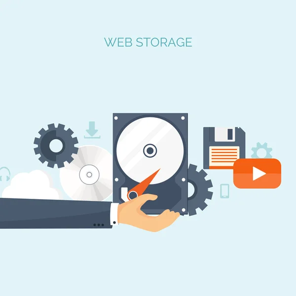 Vector illustration. Flat cloud computing background. Data storage network technology. Multimedia content, web sites hosting. Memory, information transfer. — Stock vektor