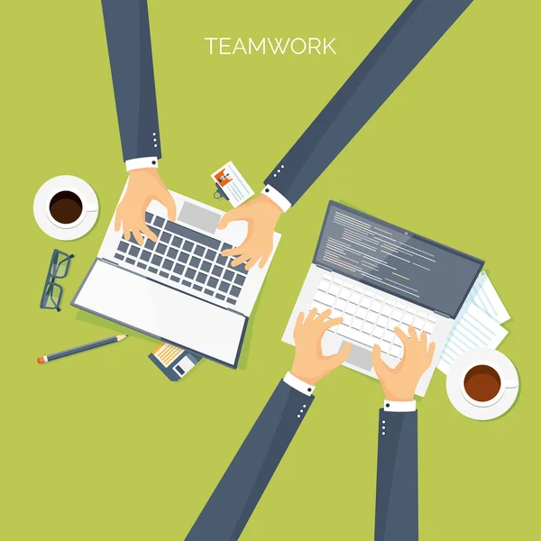 Vector illustration. Flat header. Teamwork. Smart solutions. Programming, coding. — Stock Vector