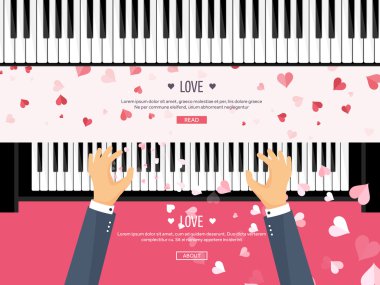 Vector illustration. Musical flat background with hearts. Love. Piano key, keyboard. Melody. Instrument.