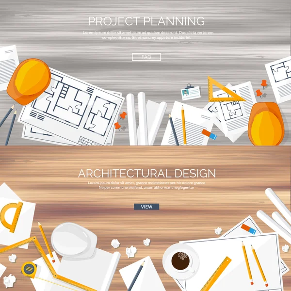 Vectorillustratie. Engineering en architectuur. Tekening constructie. Architecturaal project. Ontwerpen, schetsen. Werkruimte met tools. Planning, gebouw. Houten achtergrond. — Stockvector