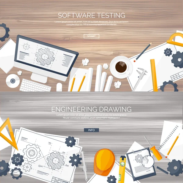 Ilustracja wektorowa. Inżynieria i architektura. Komputer, oprogramowanie. Rysunek, budownictwo. Projekt architektoniczny. Projektowanie, szkicowanie. Przestrzeń robocza z narzędziami. Planowanie, budowanie. Drewniane tło. — Wektor stockowy