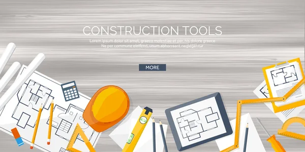 Ilustração vetorial. Engenharia e arquitetura. Desenho, construção. Projecto arquitectónico. Desenho, esboço. Espaço de trabalho com ferramentas. Planejamento, construção. Fundo de madeira . —  Vetores de Stock