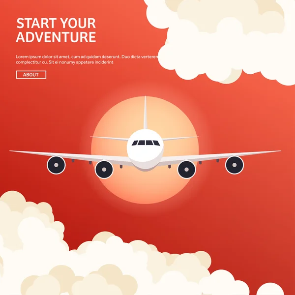 Ilustración vectorial. Viajes y turismo. Avión, aviación. Vacaciones de verano, vacaciones. Aterrizaje en avión. Vuelo, vuelo aéreo. Cielo, fondo aéreo. Viaje. . — Vector de stock