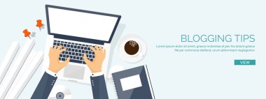 Vektör illüstrasyon. Elleri ile düz dizüstü bilgisayar. Hikayeni anlat. Yazar. Bloglama. İleti.