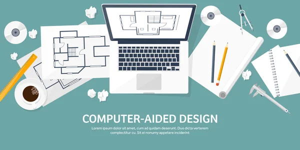 Ilustração vetorial. Engenharia e arquitetura. Caderno, computador. Desenho, construção. Projecto arquitectónico. Desenho, esboço. Espaço de trabalho com ferramentas. Planejamento, construção . — Vetor de Stock