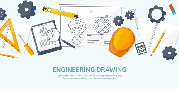 Ilustración vectorial. Ingeniería y arquitectura. Dibujo, construcción. Proyecto arquitectónico. Diseño, boceto. Espacio de trabajo con herramientas. Planificación, construcción . — Archivo Imágenes Vectoriales