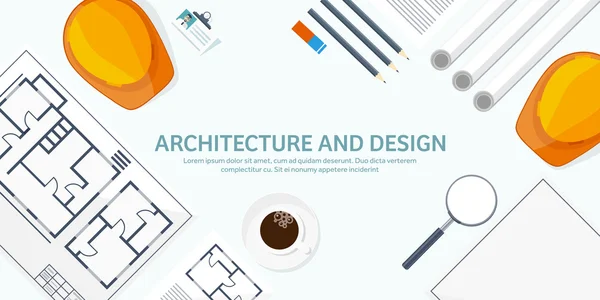 Ilustração vetorial. Engenharia e arquitetura. Desenho, construção. Projecto arquitectónico. Desenho, esboço. Espaço de trabalho com ferramentas. Planejamento, construção . — Vetor de Stock