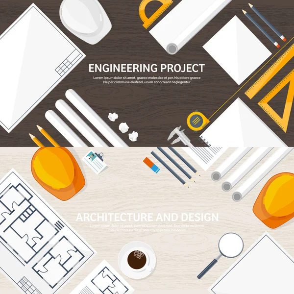 Ilustración vectorial. Ingeniería y arquitectura. Dibujo, construcción. Proyecto arquitectónico. Diseño, boceto. Espacio de trabajo con herramientas. Planificación, construcción. Fondo de madera . — Vector de stock