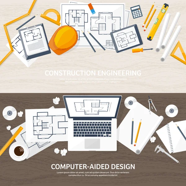 Vektor illustration. Ingenjörskonst och arkitektur. Dator. Ritning, konstruktion. Arkitektoniskt projekt. Design, skissa. Arbetsyta med verktyg. Planering, byggnad. Trä bakgrund. — Stock vektor