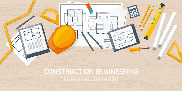 Vector illustration. Engineering and architecture. Drawing, construction.  Architectural project. Design, sketching. Workspace with tools. Planning, building. Wooden background. — Stock Vector