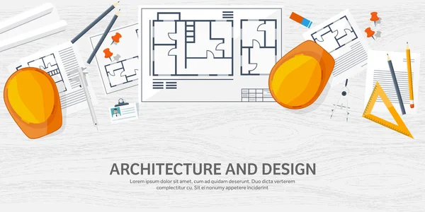 Ilustracja wektorowa. Inżynieria i architektura. Rysunek, budowlane. Projekt architektoniczny. Projektowanie, szkicowanie. Obszar roboczy z narzędzi. Planowania, budowy. Drewniane tła. — Wektor stockowy