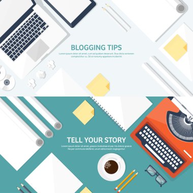 Vektör illüstrasyon. Düz daktilo. Elleri olan dizüstü bilgisayar. Hikayeni anlat. Yazar. Bloglama.