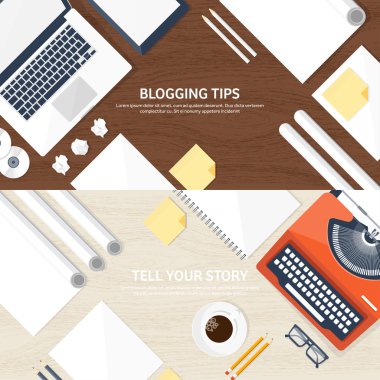 Vektör illüstrasyon. Düz daktilo. Elleri olan dizüstü bilgisayar. Hikayeni anlat. Yazar. Bloglama.