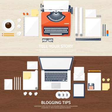 Vektör illüstrasyon. Düz daktilo. Elleri olan dizüstü bilgisayar. Hikayeni anlat. Yazar. Bloglama. Ahşap doku