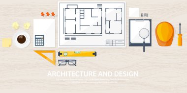 Vektör illüstrasyon. Mühendislik ve mimarlık. Çizim, inşaat. Mimari proje. Tasarım, çizim. Araçlarla çalışma alanı. Planlama, bina. Ahşap arka plan.