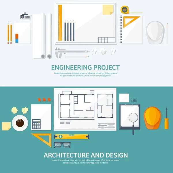 Ilustração vetorial. Engenharia e arquitetura. Desenho, construção. Projecto arquitectónico. Desenho, esboço. Espaço de trabalho com ferramentas. Planejamento, construção . — Vetor de Stock