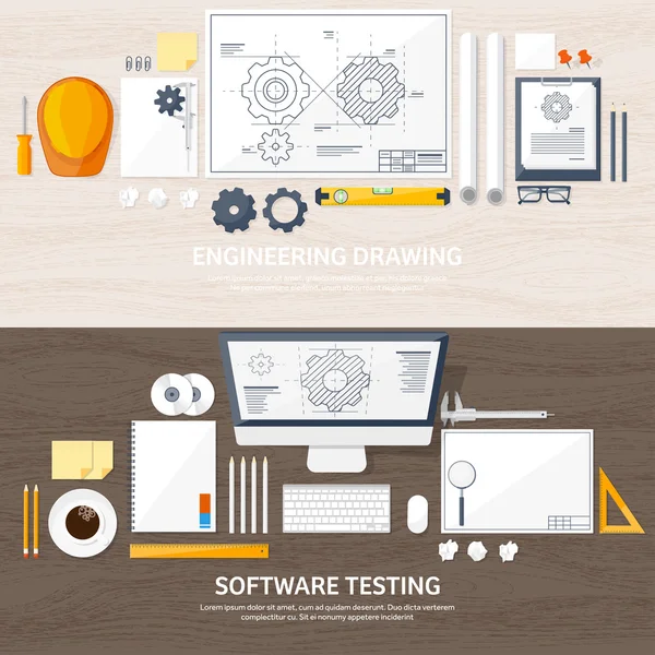 Vector illustratie. Engineering en architectuur. Notebook, computer. Tekening, bouw. Architecturale project. Ontwerp, schetsen. Werkruimte met hulpmiddelen. Planning, gebouw. Hout achtergrond. — Stockvector