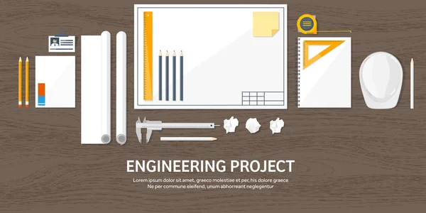 Ilustração vetorial. Engenharia e arquitetura. Desenho, construção. Projecto arquitectónico. Desenho, esboço. Espaço de trabalho com ferramentas. Planejamento, construção. Fundo de madeira . —  Vetores de Stock