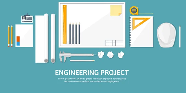 Ilustração vetorial. Engenharia e arquitetura. Desenho, construção. Projecto arquitectónico. Desenho, esboço. Espaço de trabalho com ferramentas. Planejamento, construção . —  Vetores de Stock