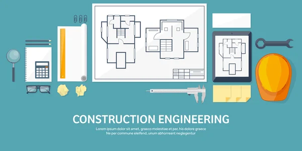 Vectorillustratie. Engineering en architectuur. Tekening constructie. Architecturaal project. Ontwerpen, schetsen. Werkruimte met tools. Plannen, bouwen. — Stockvector