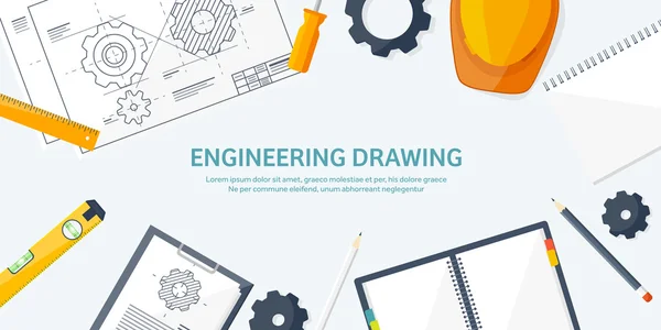 Ilustração vetorial. Engenharia e arquitetura. Desenho, construção. Projecto arquitectónico. Desenho, esboço. Espaço de trabalho com ferramentas. Planejamento, construção . — Vetor de Stock