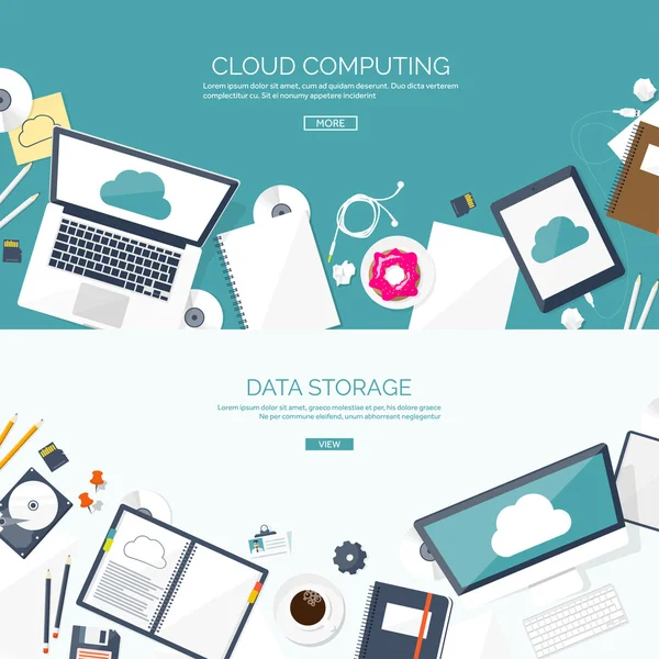 Vector illustration. Workplace, table with documents, computer. Flat cloud computing background. Media, data server. Web storage.CD. Paper blank. Digital technologies. Internet connection. — Stock Vector